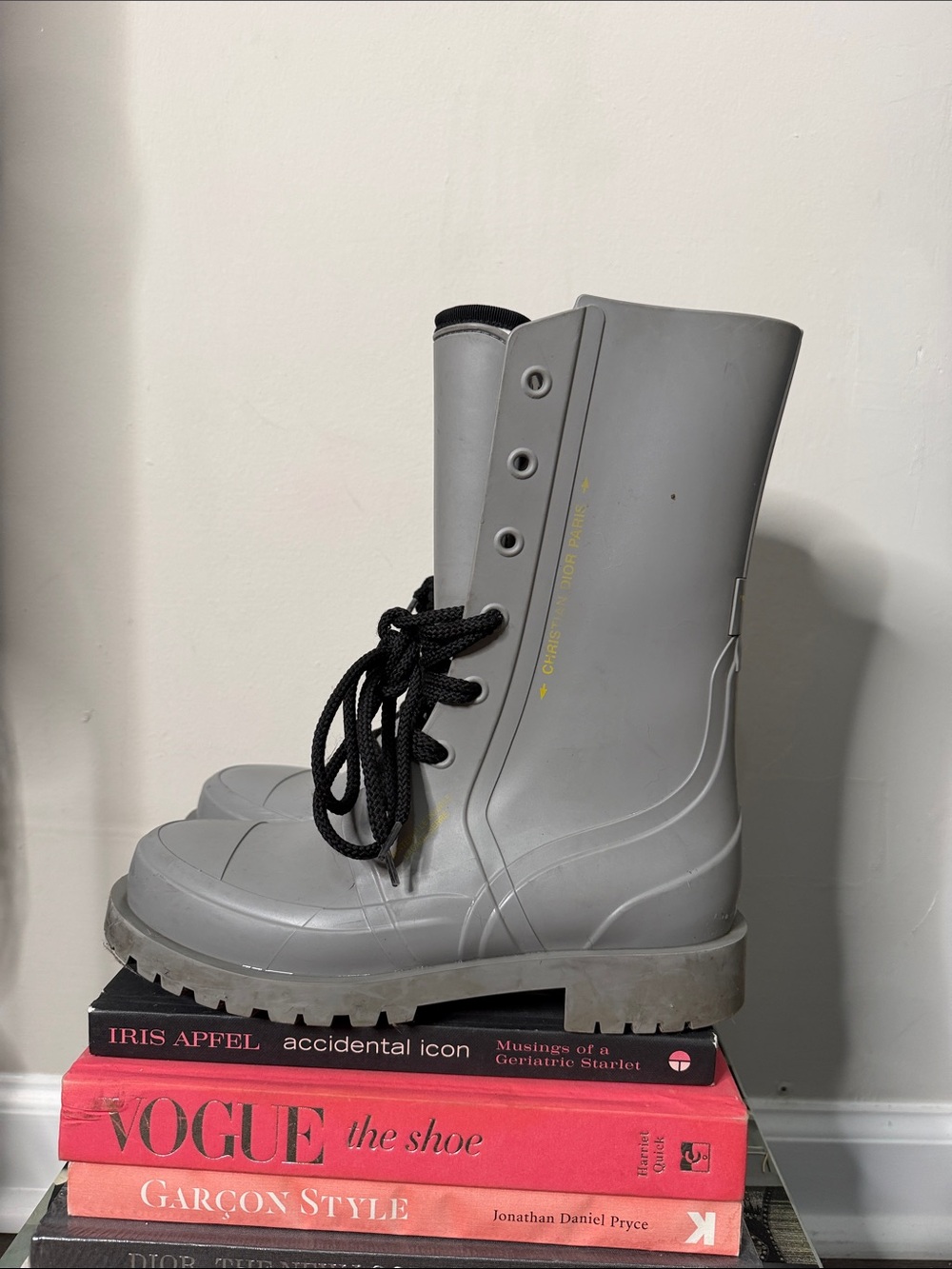 Dior Gray Lace-Up Women's Rain Boots with Black Laces
